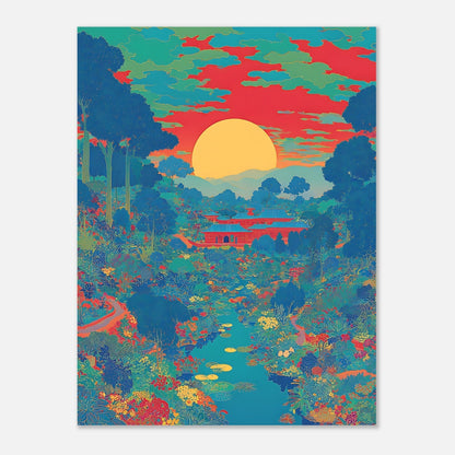 Artistic detail of Japanese sunset poster featuring colourful garden and river scene


