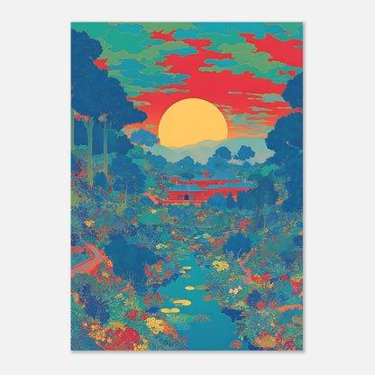 Japanese sunset poster detail highlighting garden colours and river landscape