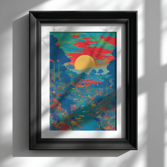 Japanese sunset poster with colourful garden and river detail displayed in black frame on white wall
