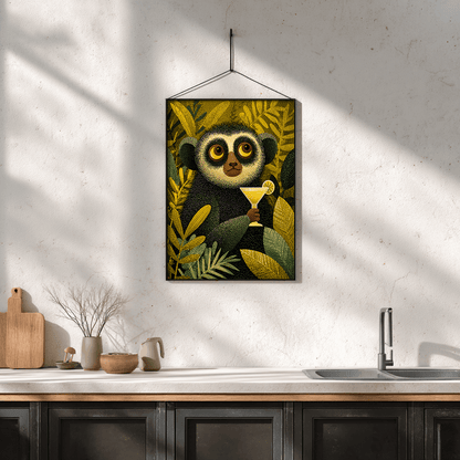 Whimsical lemur with margarita digital print showcased on modern kitchen wall
