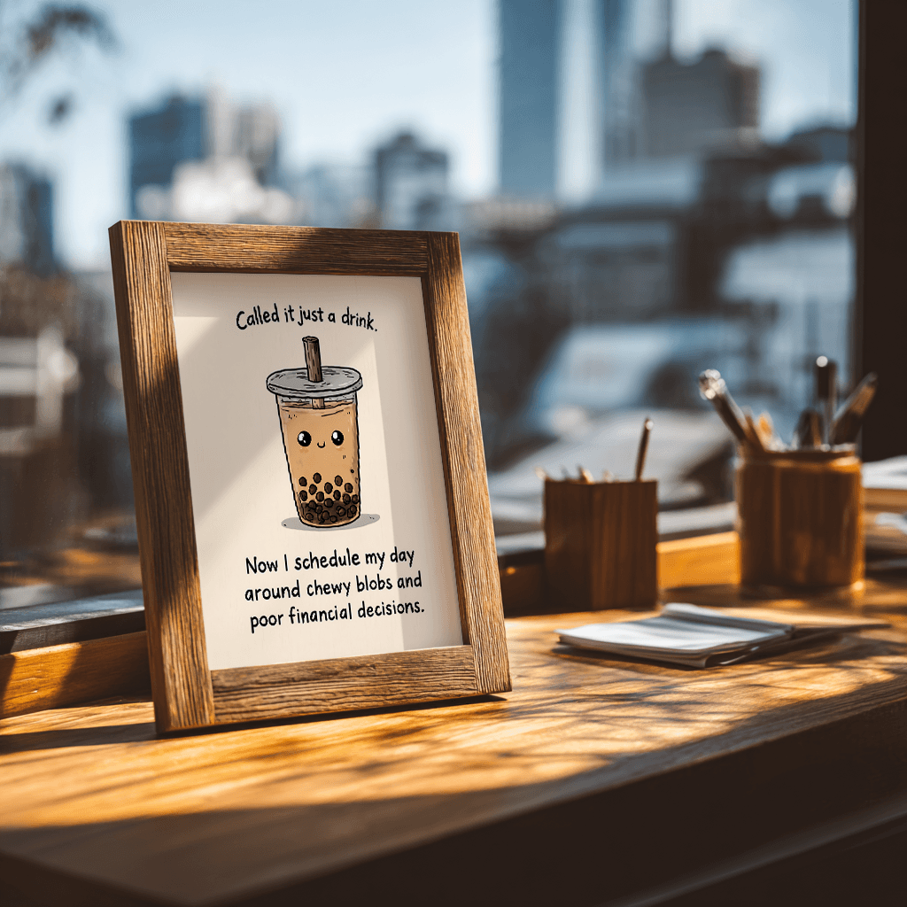 Kawaii boba tea print displayed on wooden desk angled view showing wall decor artwork detail
