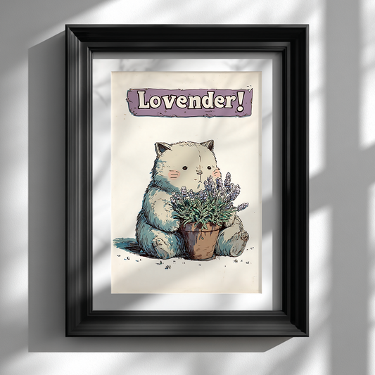 Lavender cat poster wall art print displayed in black frame on white wall, whimsical botanical illustration for cosy home decor