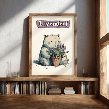 Lavender cat poster whimsical wall art styled on wooden bookshelf with soft natural light, perfect cosy decor print