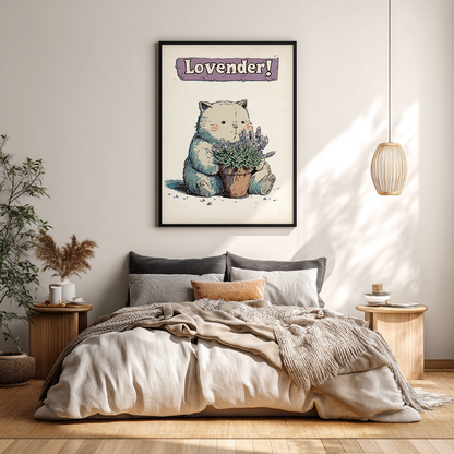 Lavender cat poster wall art above bed in minimalist bedroom decor, cosy pastel illustration print for relaxing spaces