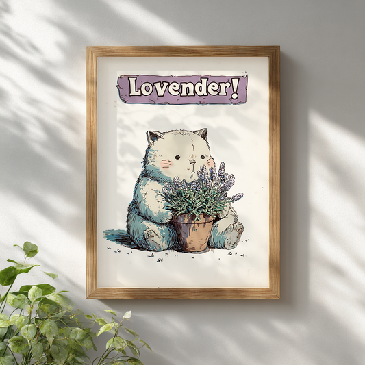 Lavender cat poster whimsical wall art framed in light wooden frame on white wall with plant, cosy botanical print