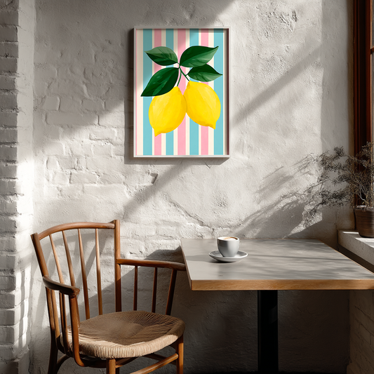 Framed lemon art poster hanging in a Scandinavian-style cafe, soft light and neutral tones
