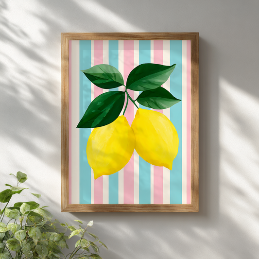 Lemon poster framed in natural wood on white wall, colourful striped background, modern wall decor
