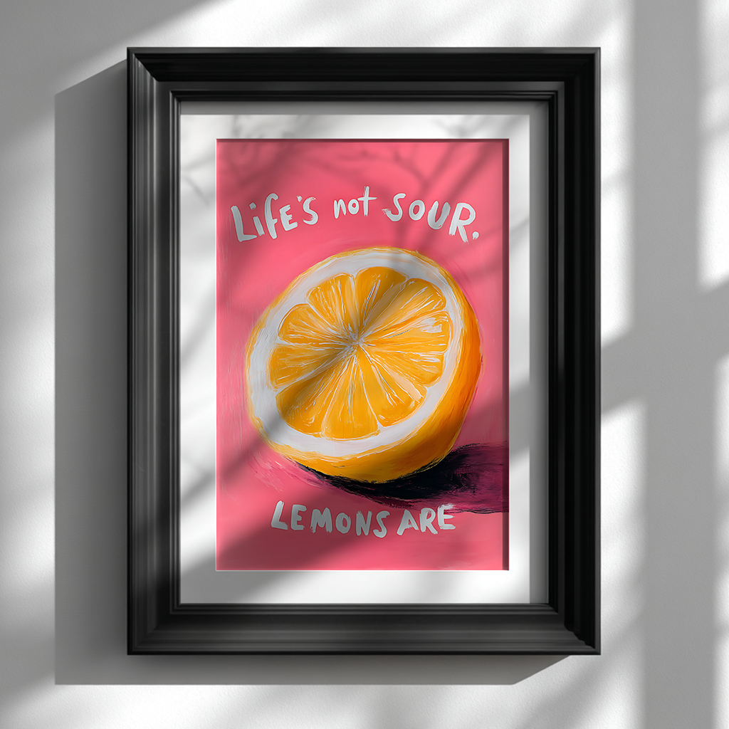 Lemon motivation poster featuring vibrant pop art design displayed in black frame on white wall for modern visual art

