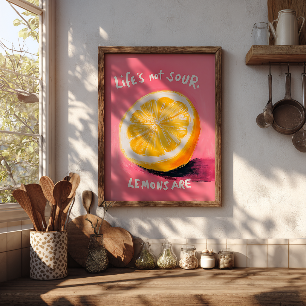 Lemon motivation poster print featuring bold pop art design displayed in boho eclectic kitchen setting for vibrant wall decor


