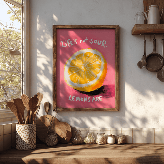 Lemon motivation poster print featuring bold pop art design displayed in boho eclectic kitchen setting for vibrant wall decor

