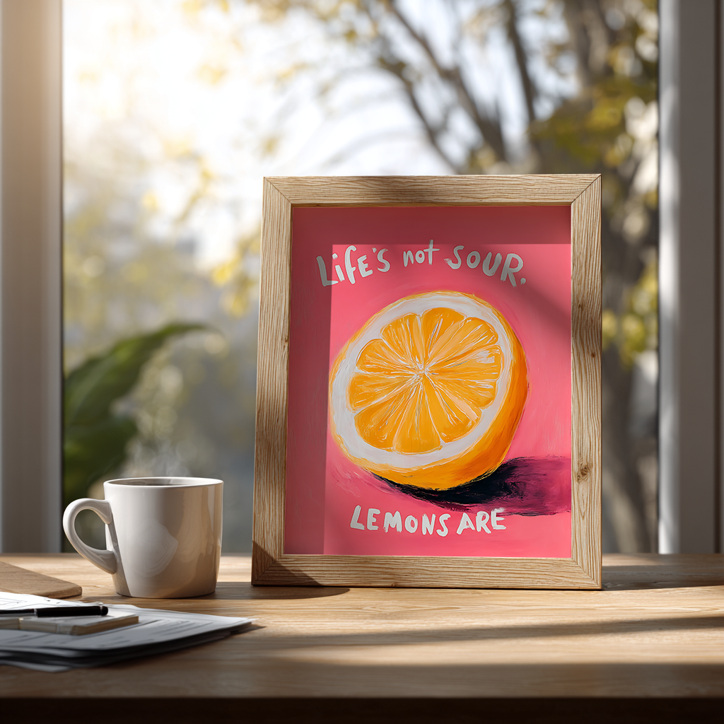 Lemon poster wall decor with bright pink background and yellow citrus displayed above wooden desk for modern artwork display


