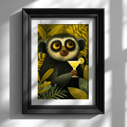 Playful lemur margarita poster displayed in elegant black frame on clean white wall

