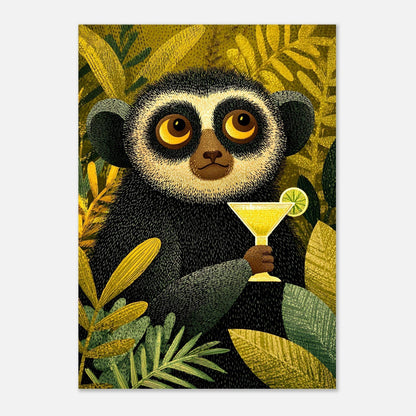 Unique AI-generated poster of lemur with cocktail surrounded by lush tropical foliage