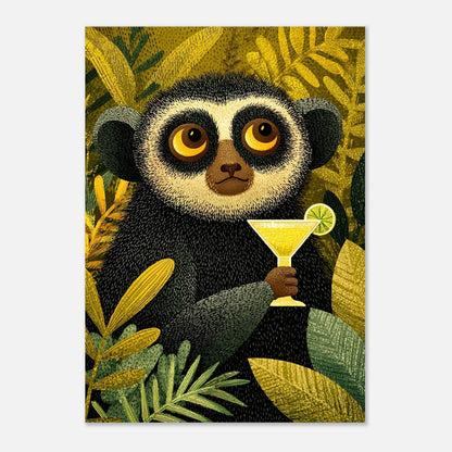 Modern wall decor featuring tropical lemur with cocktail in artistic jungle scene

