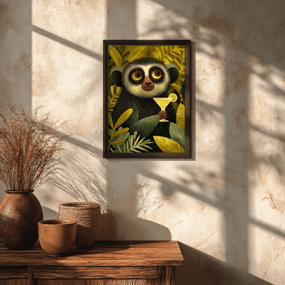 Tropical lemur cocktail poster presented in sleek glass frame on neutral wall

