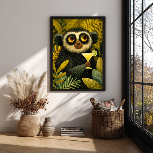AI jungle digital print featuring lemur with margarita in stylish boho eclectic room setting


