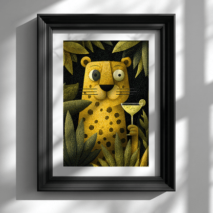 Leopard poster visual art displayed in black frame on white wall for statement wall decor