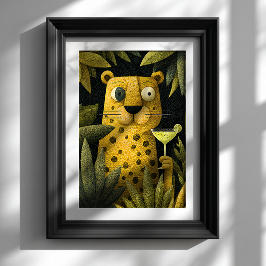 Leopard poster visual art displayed in black frame on white wall for statement wall decor
