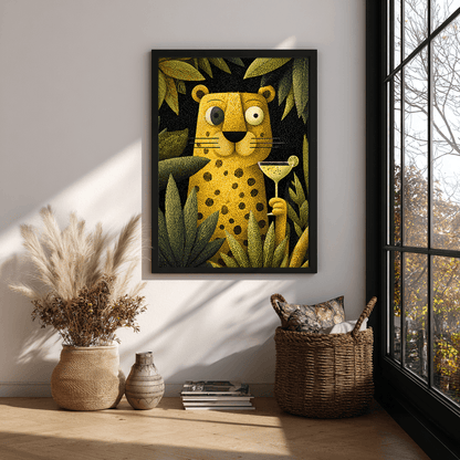 Leopard poster visual art displayed in boho eclectic kitchen interior design