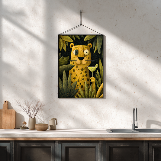 Leopard poster visual art displayed in boho eclectic interior design setting

