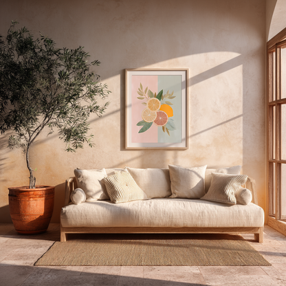 Mediterranean pastel lemon illustration wall art above a neutral sofa, grapefruit and lemon poster bringing warmth to a sunlit living room