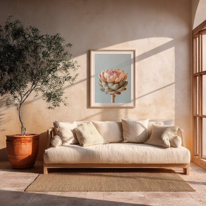 pastel artichoke poster framed on living room wall with soft natural tones
