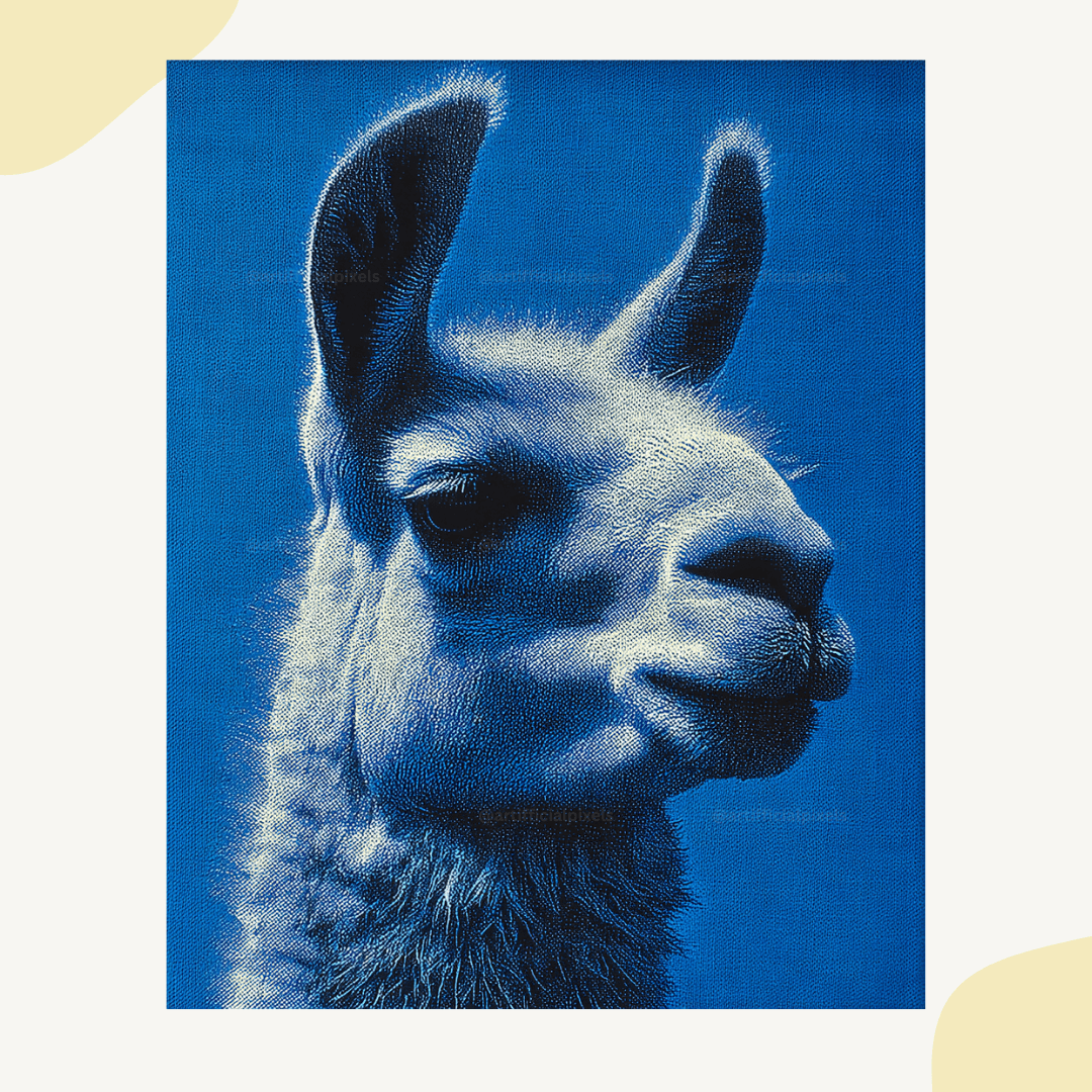 Llama face portrait with blue gradient background in pointillism art style created with Midjourney AI prompt for poster sales

