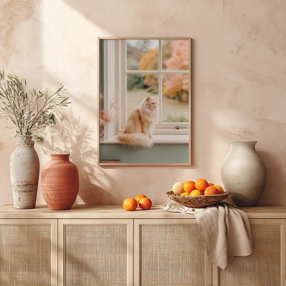 Mantel display with framed cream cat artwork and neutral decor. Tranquil autumn-inspired print for rustic or boho interiors.