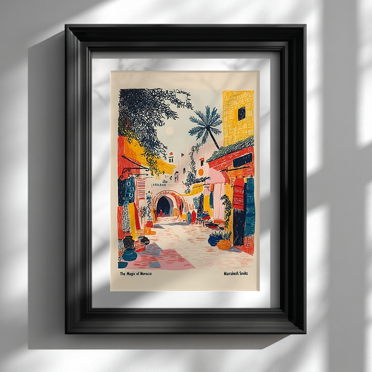 Marrakesh street travel drawing poster in black frame on white wall, Moroccan wall art for bohemian and eclectic decor.
