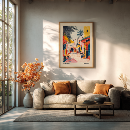 Marrakesh street travel drawing poster styled in minimalist living room with modern furniture, wanderlust wall art.