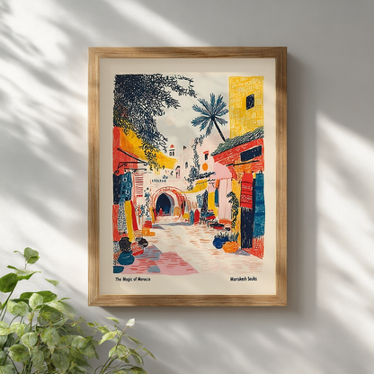 Marrakesh street travel drawing poster framed in wood against white wall, Moroccan cultural art print.
