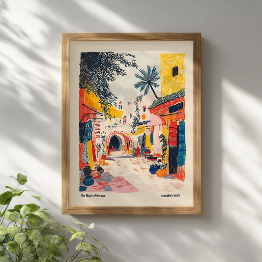 Marrakesh street travel drawing poster framed in wood against white wall, Moroccan cultural art print.