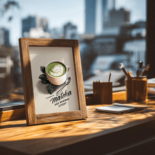 Matcha latte text poster artwork shown on wooden desk angled view for contemporary wall art display
