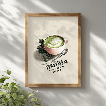 Matcha latte visual art poster in wooden frame on white wall for modern wall decor
