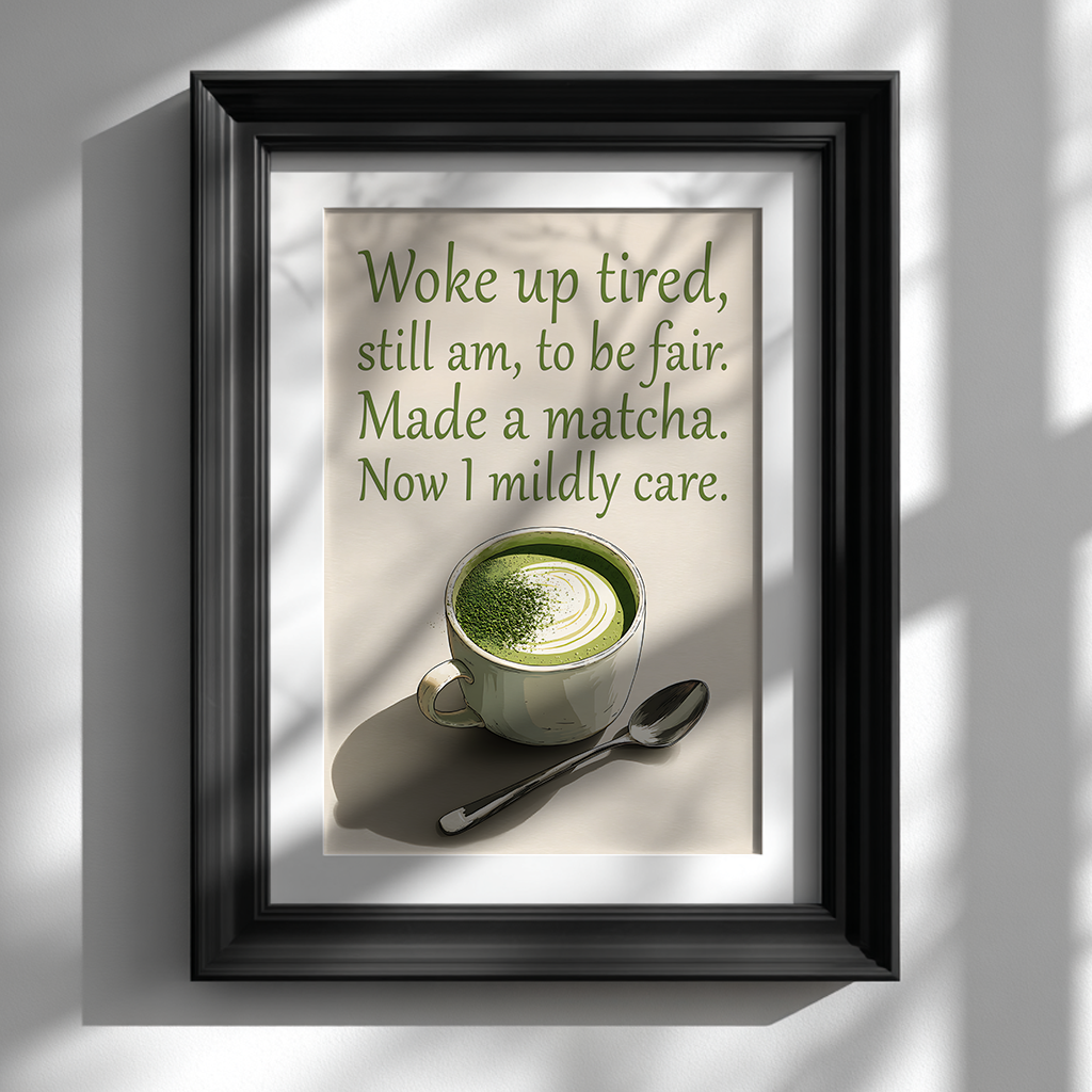 Funny matcha latte poster with café-inspired typography displayed in black frame on white wall


