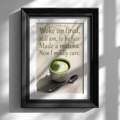 Funny matcha latte poster with café-inspired typography displayed in black frame on white wall

