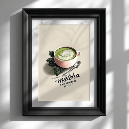 Minimalist matcha latte poster print in black frame on white wall for contemporary artwork display
