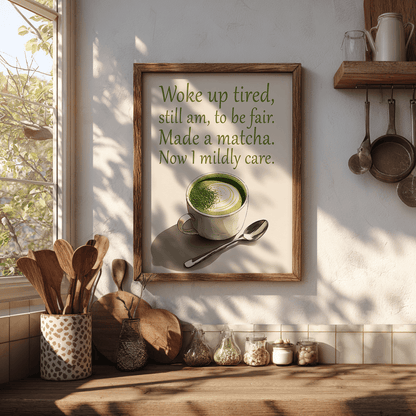 Framed print of a matcha cup with a humorous quote in a kitchen setting.