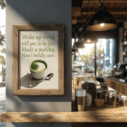 Framed print with a matcha green tea cup on a wall in a coffee shop.