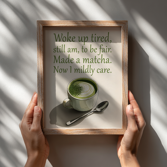 Framed print with a cup of matcha and humorous text, held by hands.