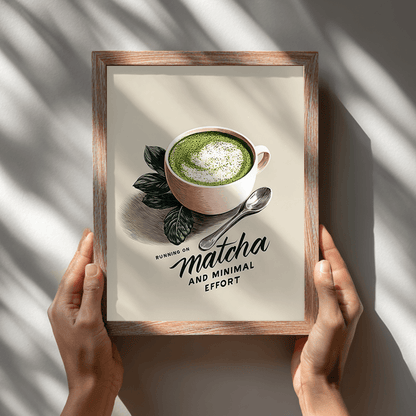 Minimalist matcha latte poster held in wooden frame showing visual art print detail
