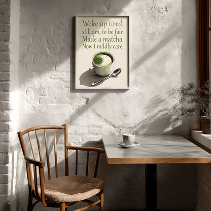 Matcha latte wall art poster displayed in modern Scandinavian café interior setting


