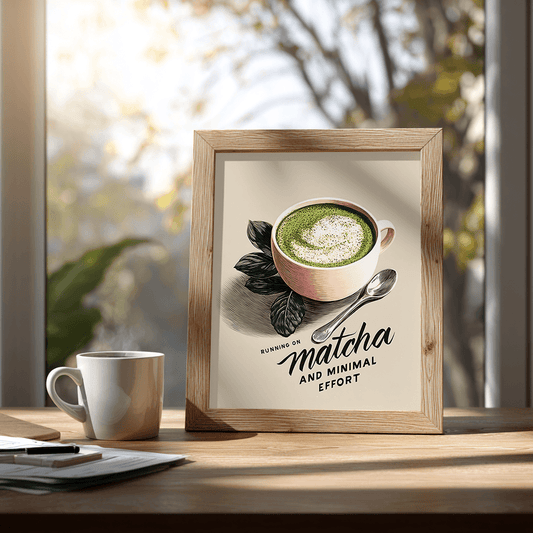 Minimalist matcha latte poster print displayed on wooden desk front view for modern wall decor artwork
