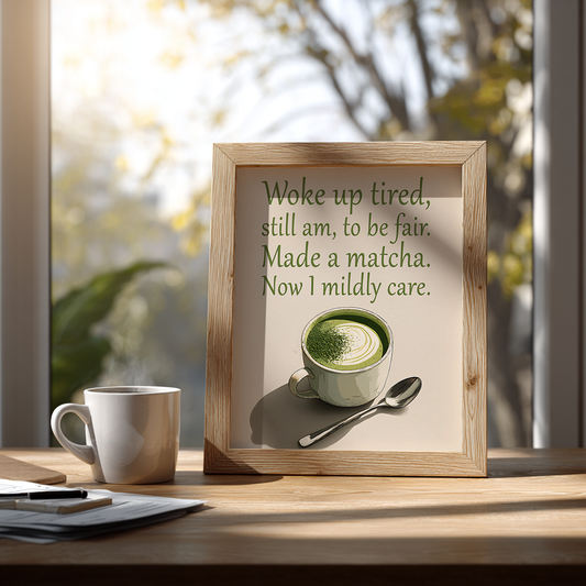 Framed print with a cup of matcha and humorous text on a wooden surface with a window in the background.