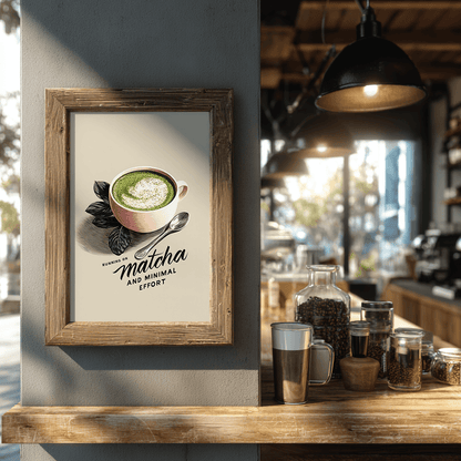 Matcha latte poster print displayed in coffee shop setting showcasing modern wall decor artwork
