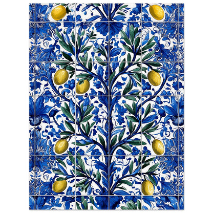 Mediterranean botanical poster art featuring cobalt blue ceramic tile design