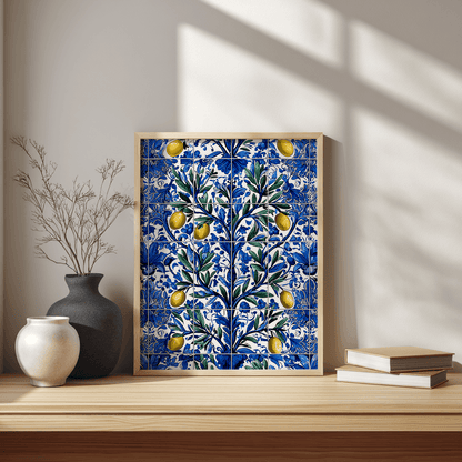 Mediterranean botanical poster mockup on modern desk workspace