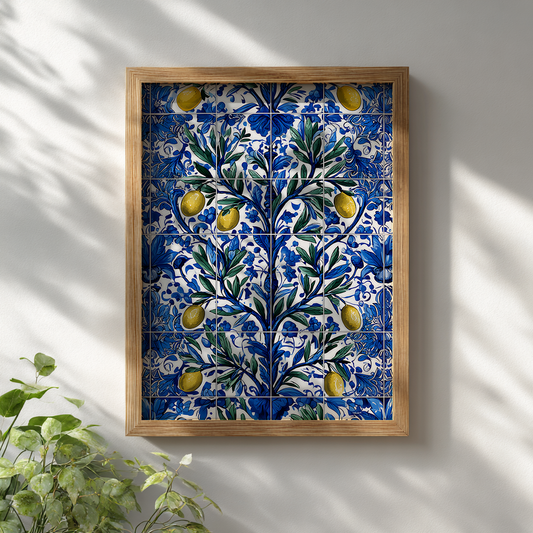 Mediterranean tile art poster in wooden frame hanging on white wall