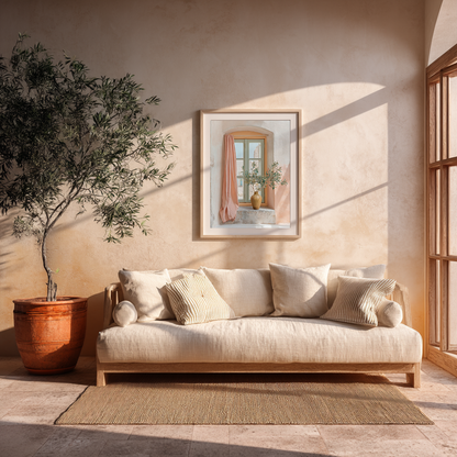 Mediterranean window wall art with olive branch poster displayed in bright pastel living room with warm sunlight