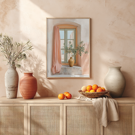 Mediterranean olive branch art print on pastel wall above rustic wooden mantle with vases and oranges